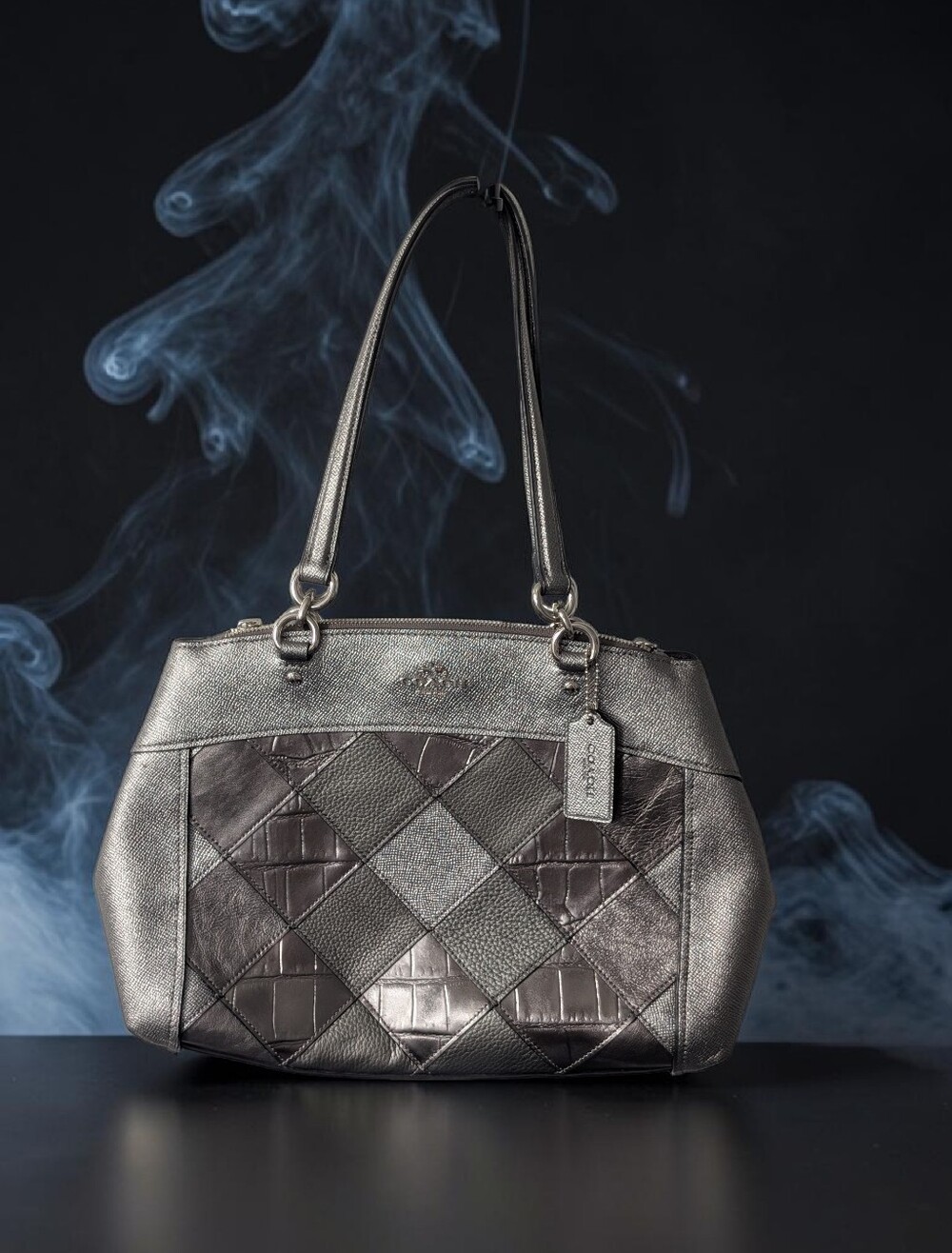 Coach Brook Carryall Metallic Silver and Gray Patchwork Handbag
